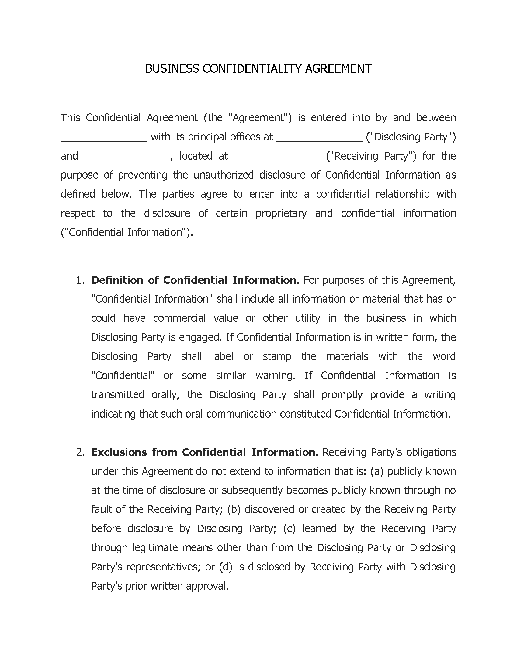 Business Confidentiality Agreement